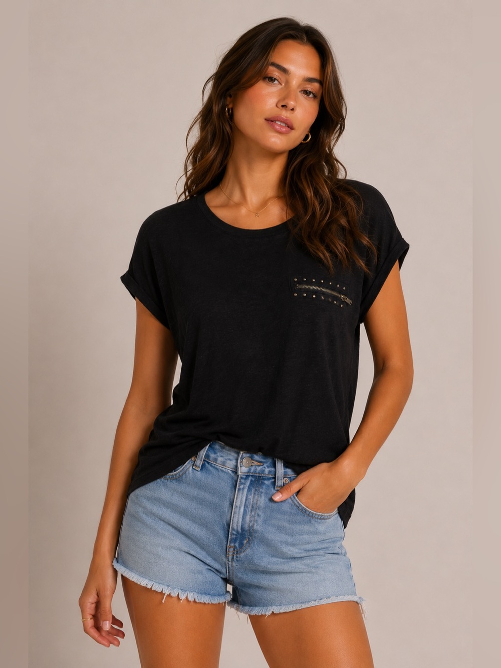 Forever 21 Black Embellished Cap Sleeve Tee